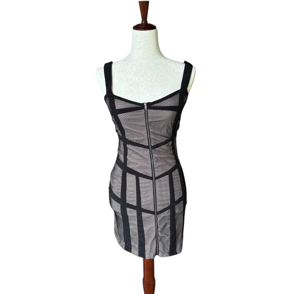 Nikibiki Mesh Bodycon Mini Dress Black Grid Panel Zip Front‎ Sz Small